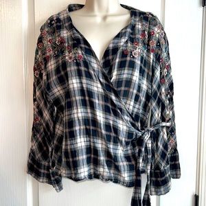 Zara Plaid Embroidered Wrap Top